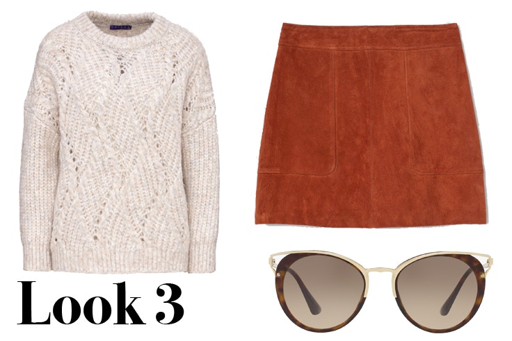 Jersey beige de punto con calados de C&A Mini falda de ante en color teja de H&M Gafas de sol de Prada disponibles en Sunglass Hut
