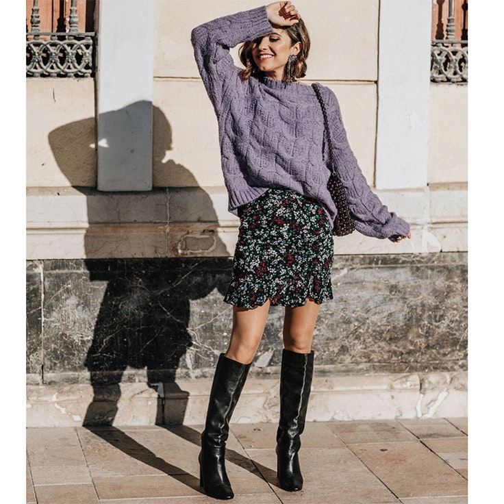 veronica diaz just coco conjunto jersey lila falda estampada