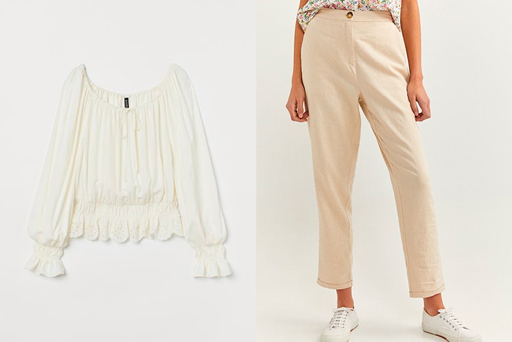 Blusa blanca de H&M Pantalón recto beige de Springfield