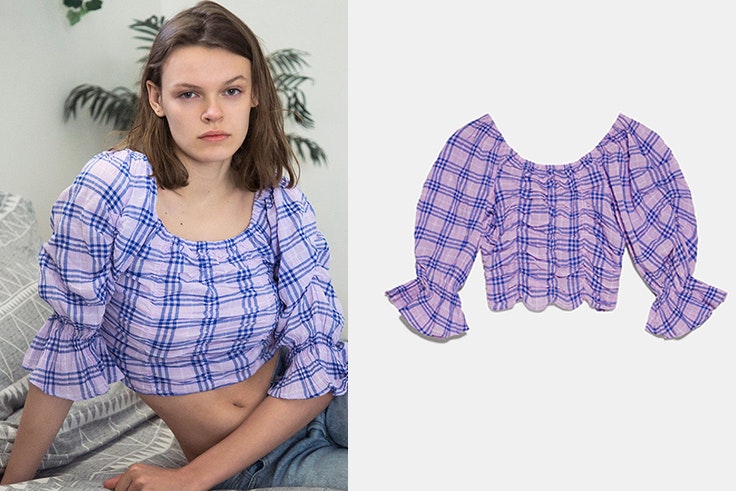 novedades de zara desde casa Blusa de cuadros lila y azul