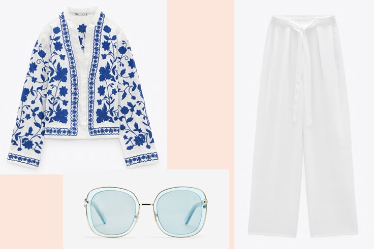 Blusa de bordados y pantalón blanco de Zara, gafas de sol de Cortefiel