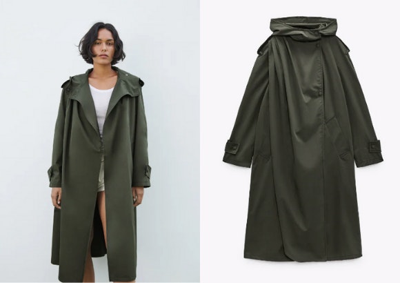 Gabardina verde con cremallera, Zara.