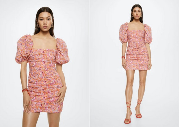 Vestido fruncido en el centro de Mango.