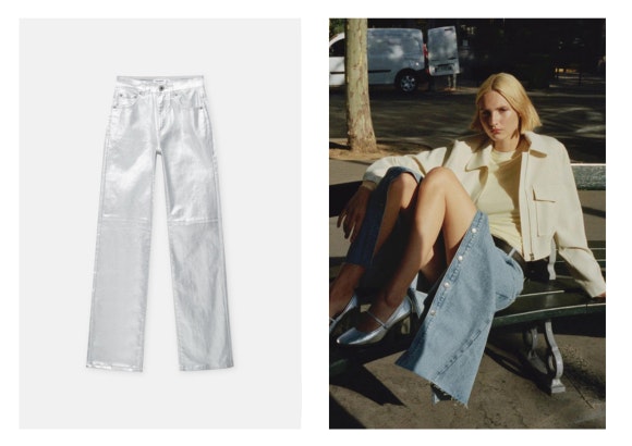 Pantalones plateados de Pull and Bear y Calzado de Mango